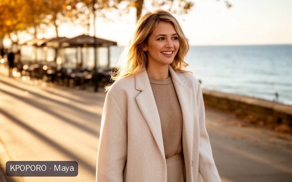 Maya, a POPORO CITY character, strolling along a sunlit seaside promenade