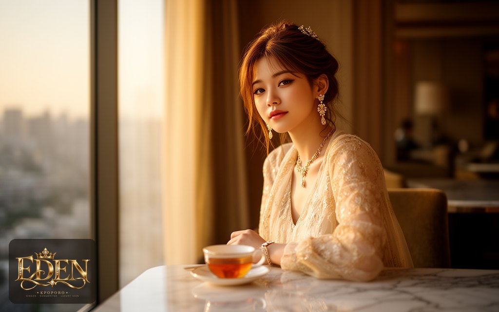 Eden, a POPORO CITY character, sitting by a tall window in a quiet hotel lounge in warm afternoon light