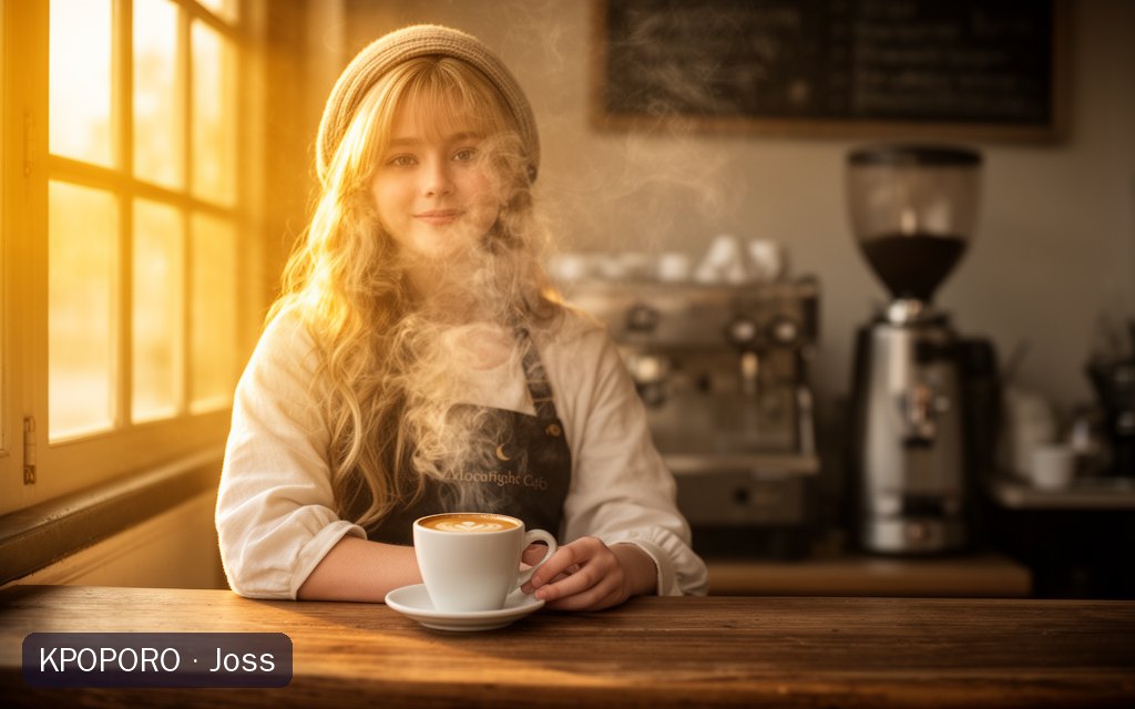 Joss, a POPORO CITY character, behind a cafe counter in warm morning light with a fresh espresso