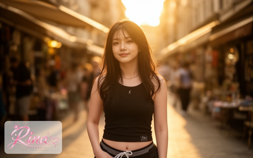 Rina, a POPORO CITY character, walking down a sunny city street at golden hour in casual streetwear