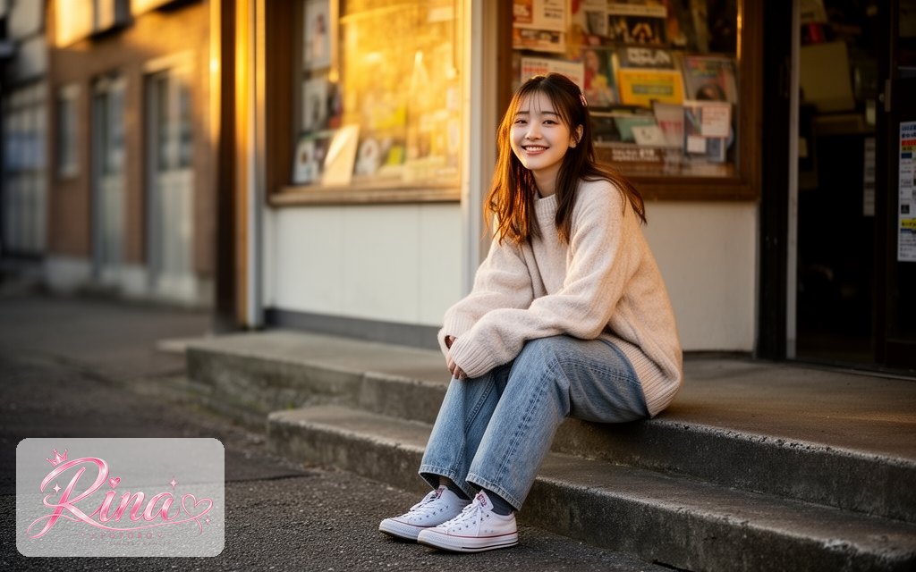 Rina, a POPORO CITY character, sitting on steps outside a small record shop in warm late-afternoon light
