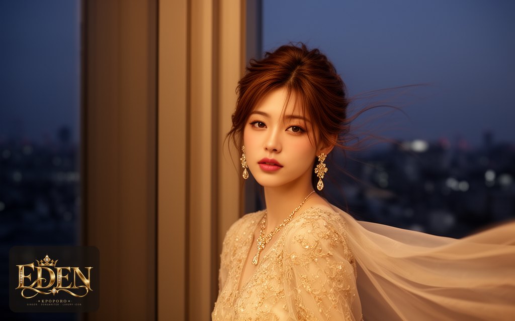 Eden, a POPORO CITY character, standing by a tall window in a calm evening gallery space at dusk