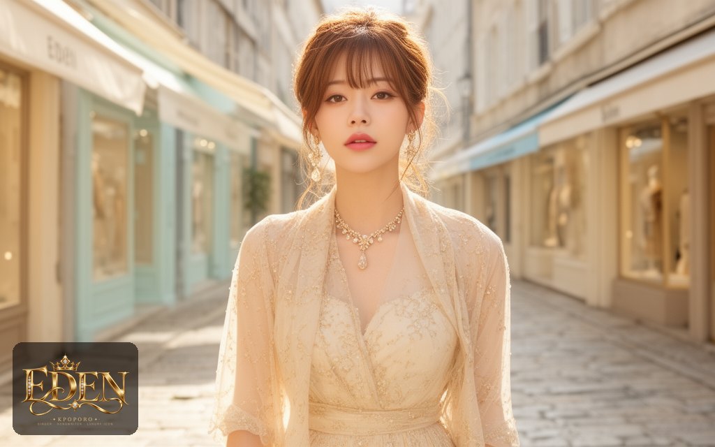 Eden, a POPORO CITY character, walking along a sunlit boutique street on a spring afternoon