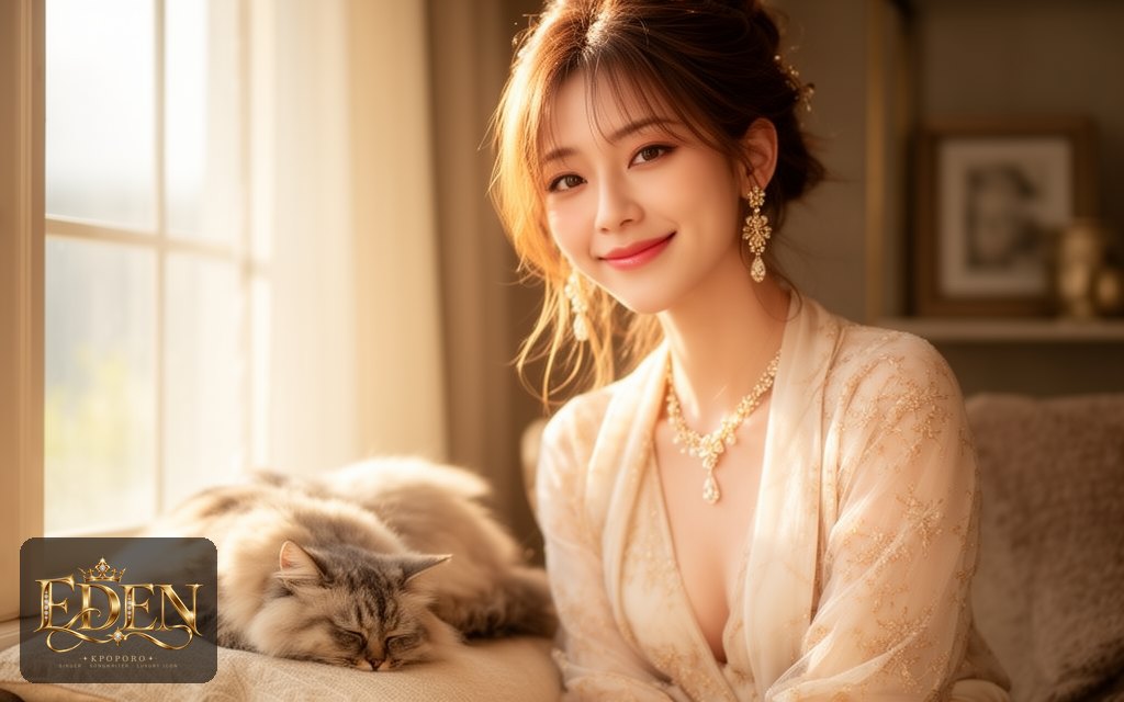 Eden, a POPORO CITY character, sitting by a sunny window beside a napping cat