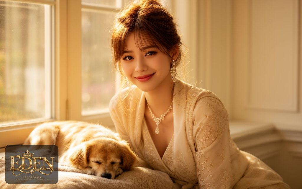 Eden, a POPORO CITY character, relaxing by a sunny window seat with a small dog napping beside her