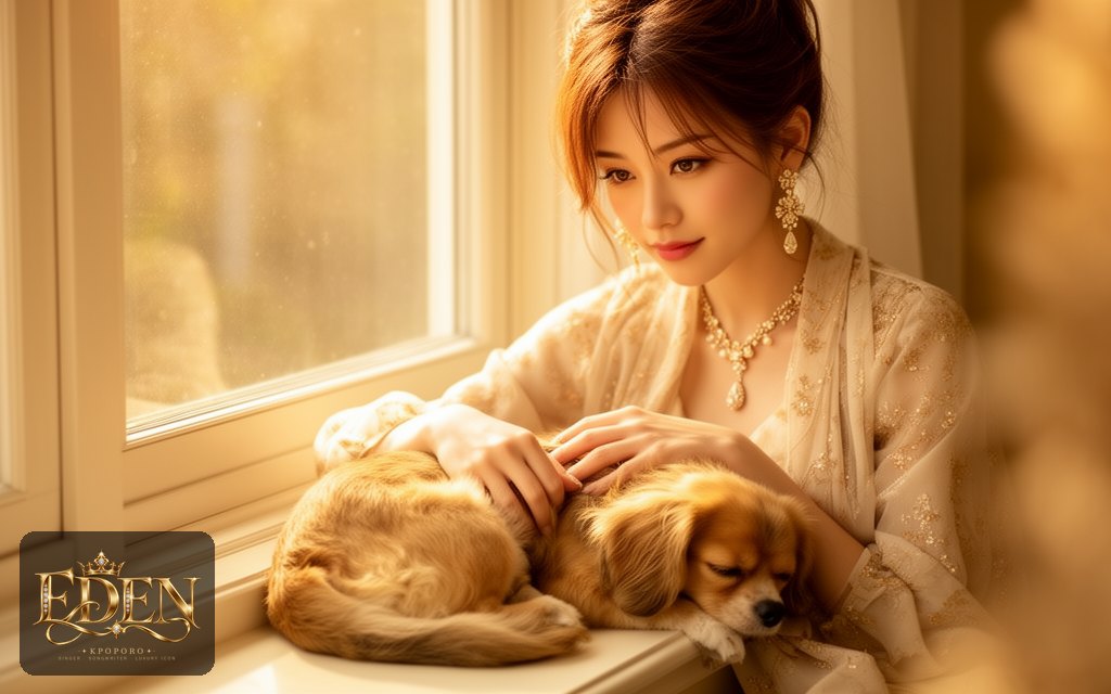 Eden, a POPORO CITY character, sitting on a sunlit window seat with a small sleepy dog