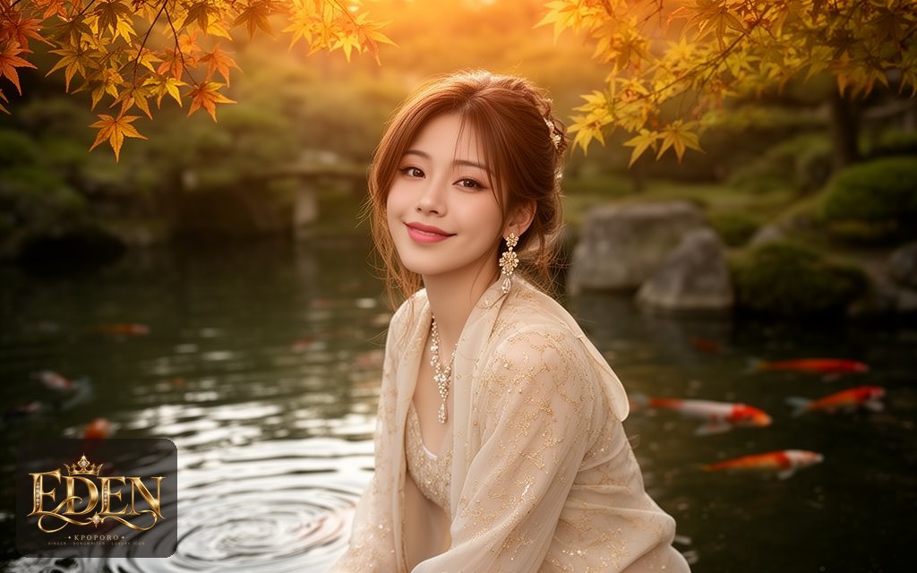 Eden, a POPORO CITY character, sitting by a quiet koi pond in a garden at golden hour