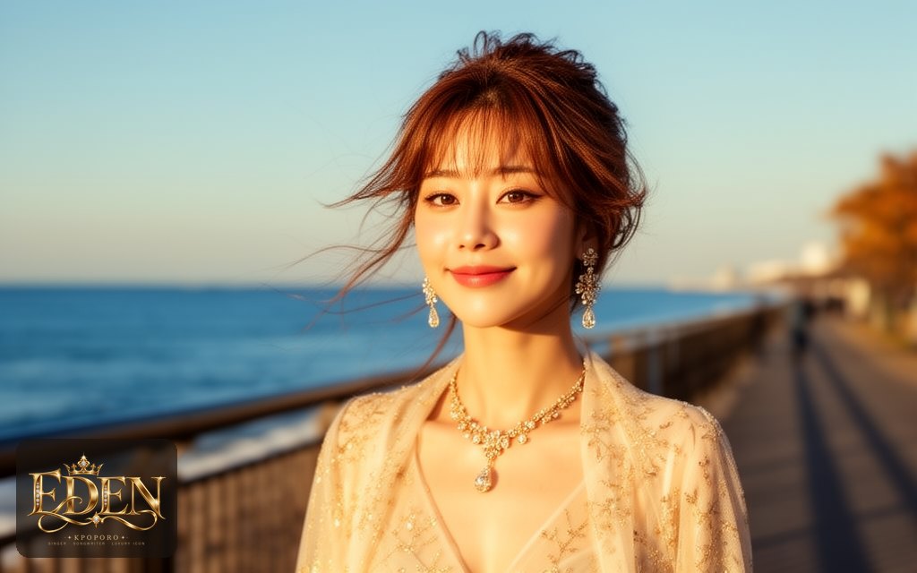 Eden, a POPORO CITY character, walking along a sunlit seaside promenade on a bright autumn morning