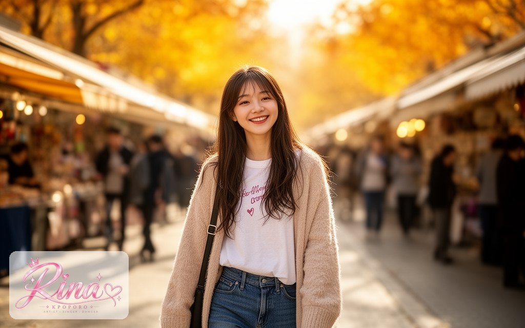 Rina, a POPORO CITY character, walking through a sunny city street market in casual streetwear