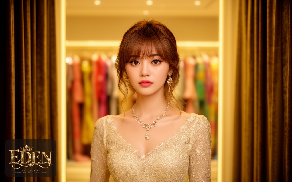 Eden, a POPORO CITY character, standing in a softly lit boutique dressing room with tall mirrors