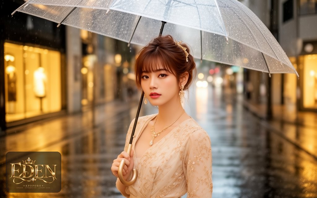 Eden, a POPORO CITY character, walking a rain-washed city street at dusk with a clear umbrella