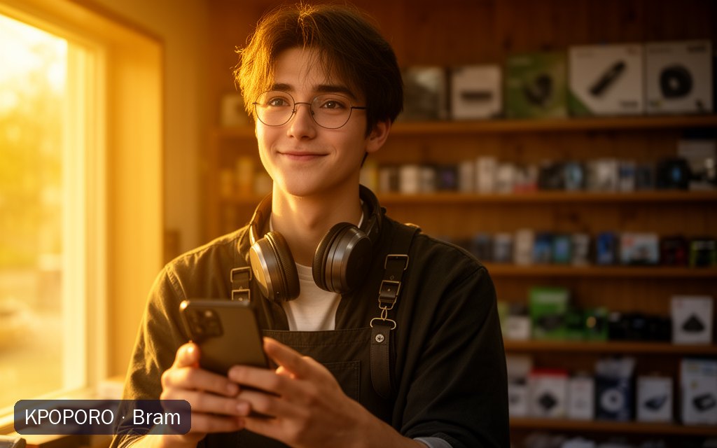 Bram, a POPORO CITY character, behind the counter of a small neighborhood electronics shop in warm afternoon light