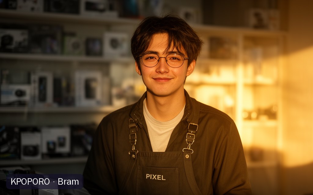 Bram, a POPORO CITY character, behind the counter of a small electronics shop in warm late-afternoon light