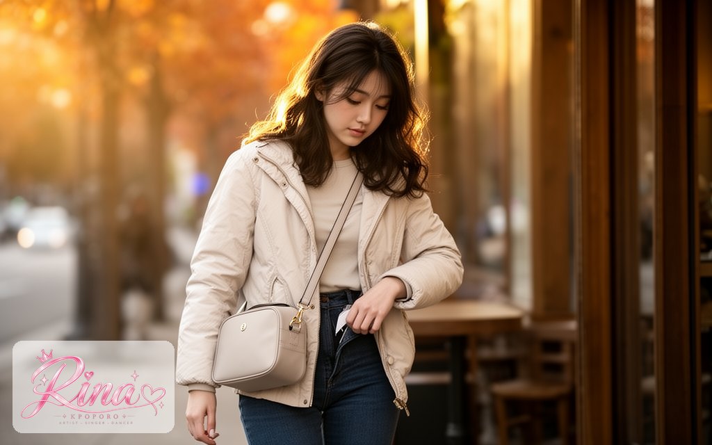 Rina, a POPORO CITY character, stepping out of a cozy cafe on an autumn afternoon