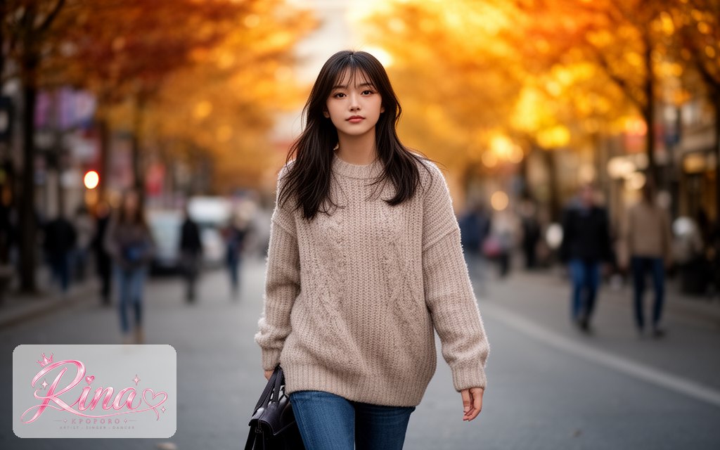Rina, a POPORO CITY character, walking down a lively city street on an autumn afternoon