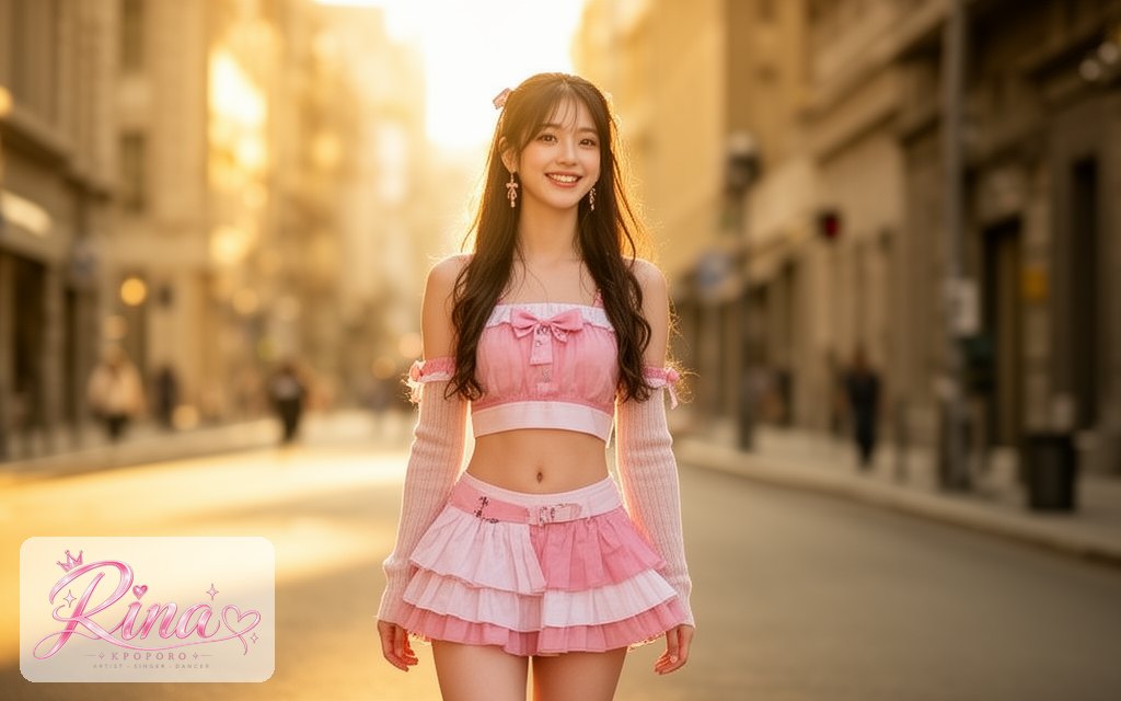 Rina, a POPORO CITY character, walking along a sunny city street in late afternoon light