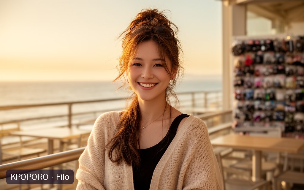Filo, a POPORO CITY character, on a sunny seaside cafe terrace in warm late-afternoon light