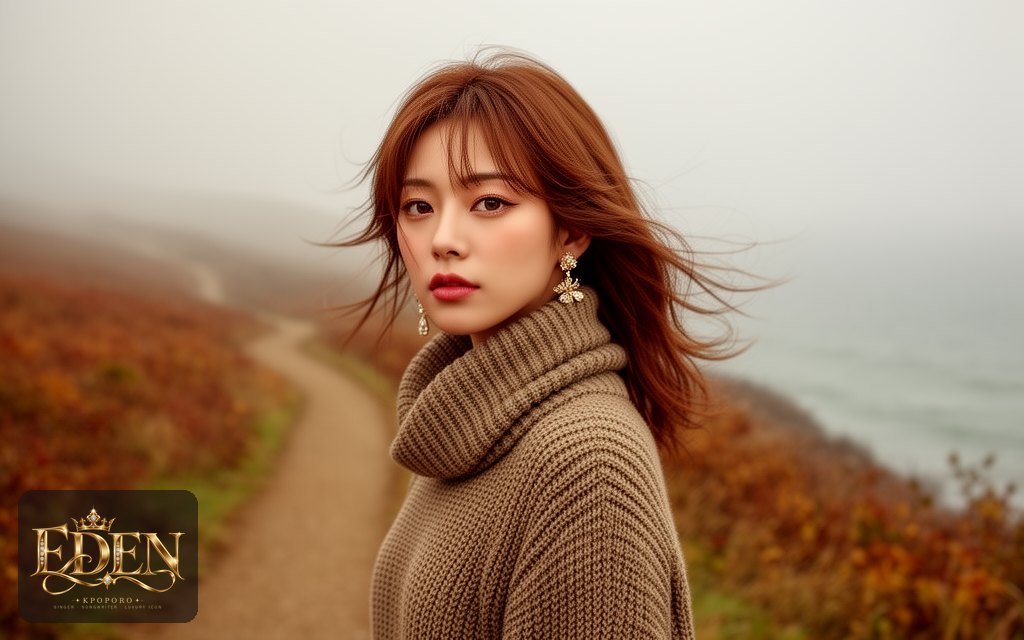 Eden, a POPORO CITY character, walking a misty coastal hill path in late autumn
