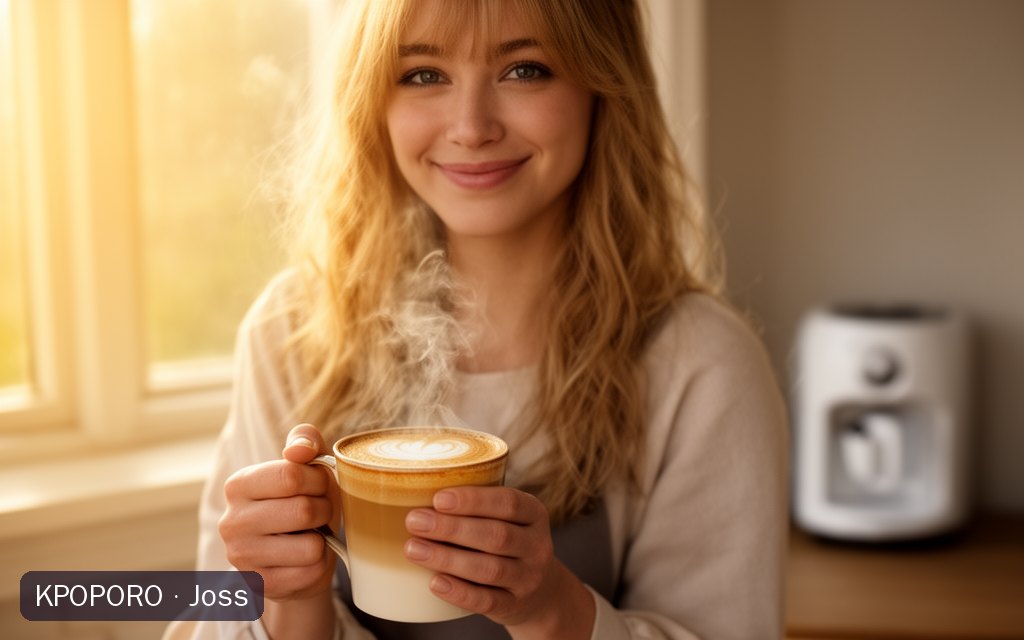 Joss, a POPORO CITY character, holding a warm latte in a cozy kitchen in soft morning light