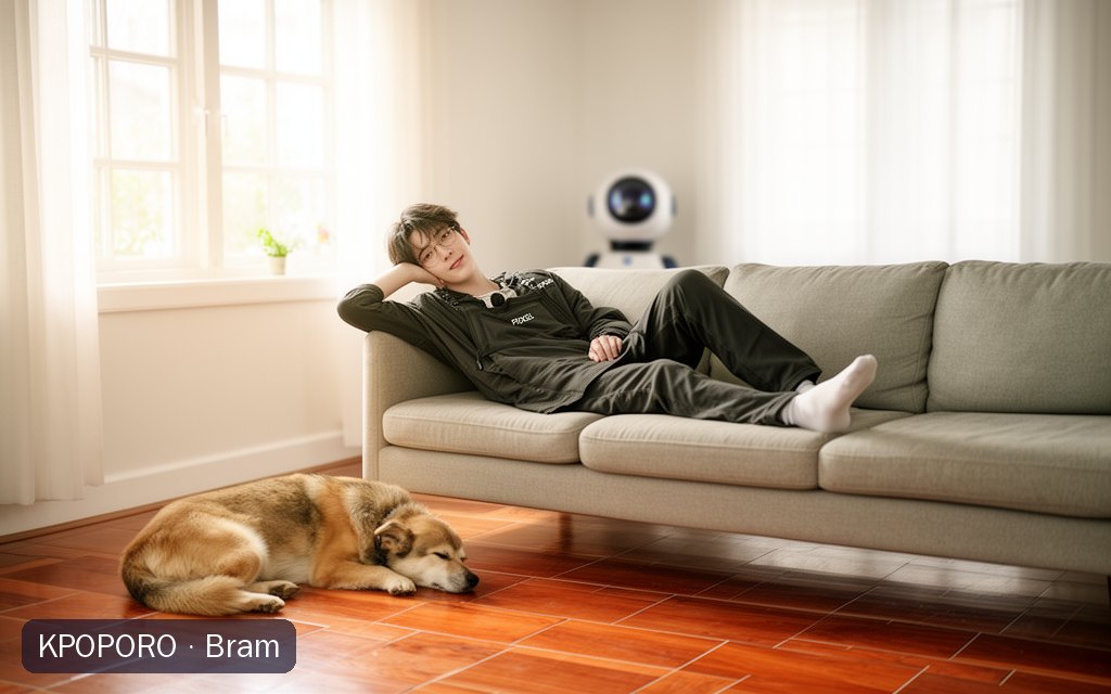 Bram, a POPORO CITY character, relaxing on a sofa in a bright, tidy living room with a sleeping dog nearby