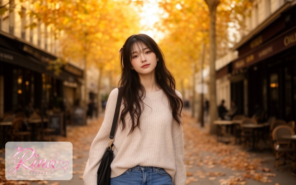 Rina, a POPORO CITY character, walking down a sunlit autumn city street lined with cafes
