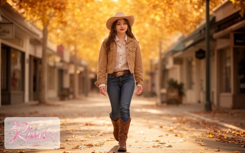 Rina, a POPORO CITY character, walking along a sunny autumn boutique street in golden afternoon light