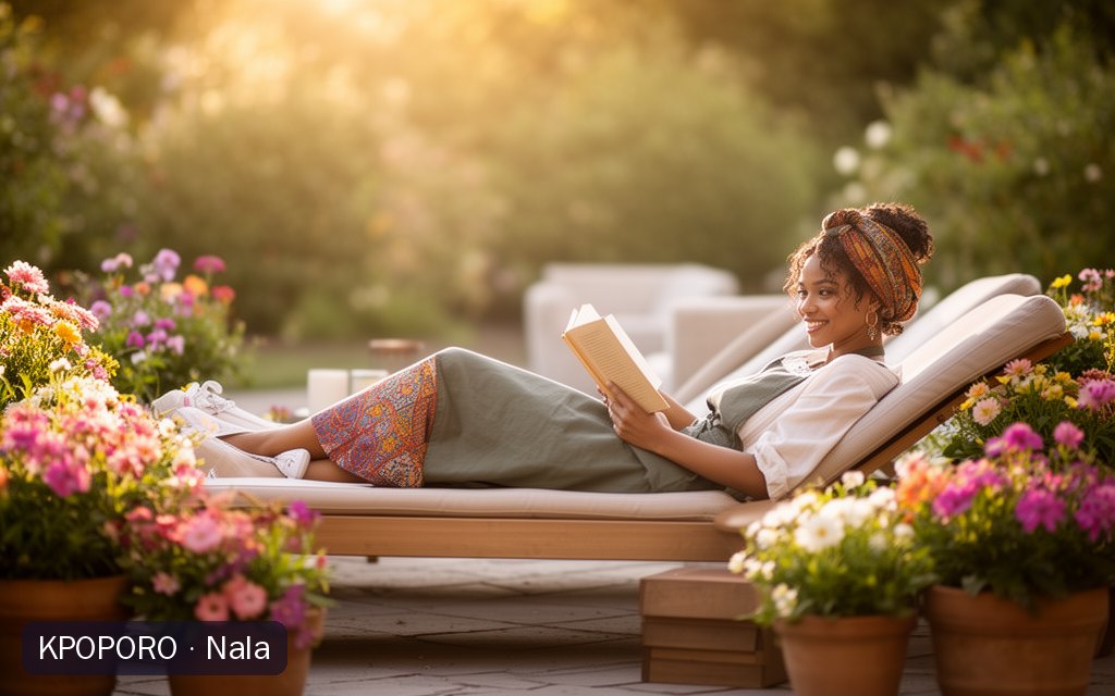 Nala, a POPORO CITY character, relaxing with a book on a sunny garden patio among potted flowers