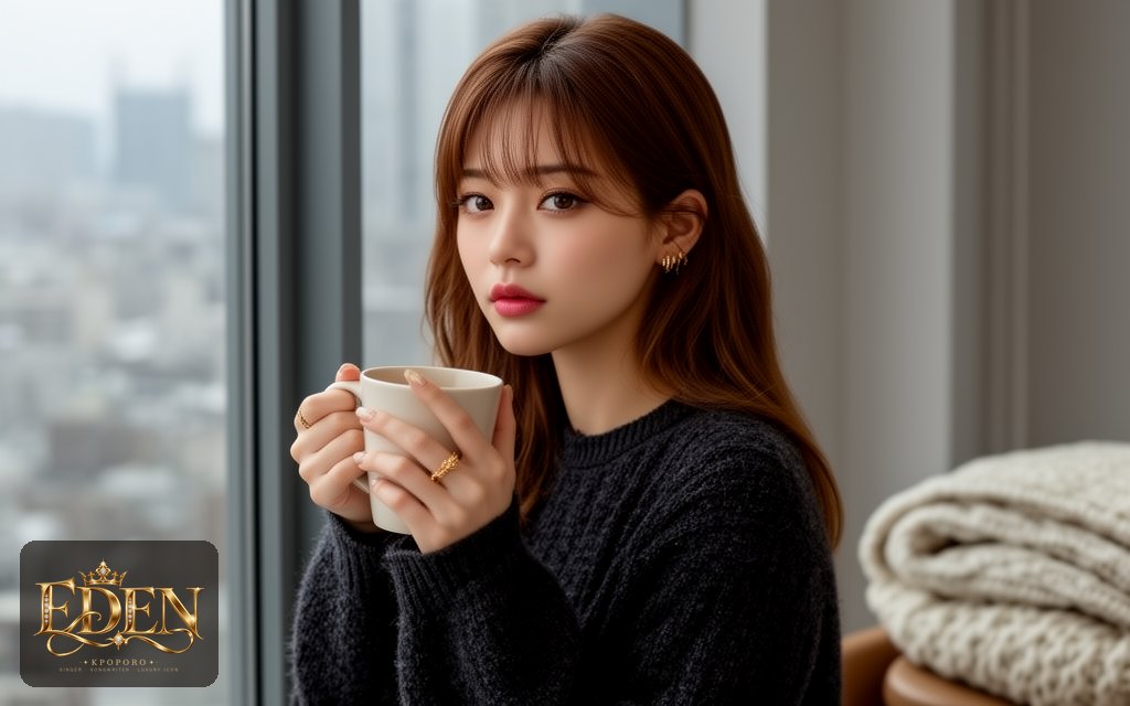 Eden, a POPORO CITY character, sitting by a tall window on a cool autumn morning with a warm mug