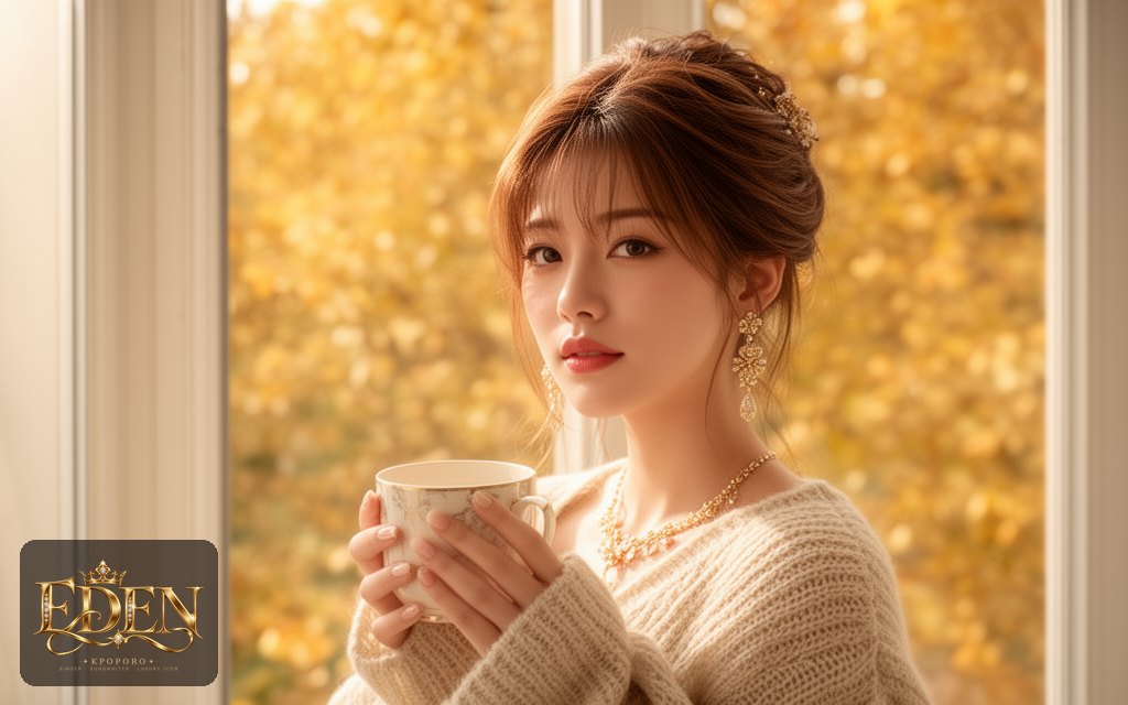Eden, a POPORO CITY character, on a quiet autumn morning by a sunlit window holding a warm mug