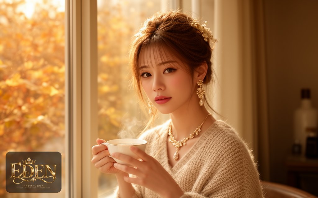 Eden, a POPORO CITY character, sitting by a sunlit window on a quiet autumn morning with a cup of tea