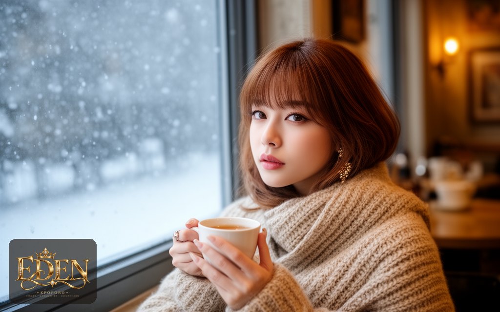 Eden, a POPORO CITY character, sitting by a cafe window on a snowy winter day with a cup of tea