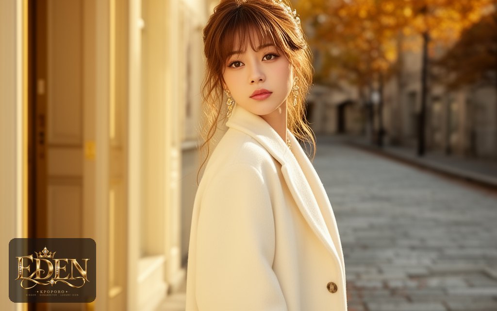 Eden, a POPORO CITY character, stepping out of a gallery onto a quiet stone street on an autumn afternoon