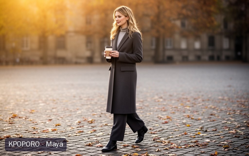 Maya, a POPORO CITY character, walking across a cobblestone square on an autumn morning