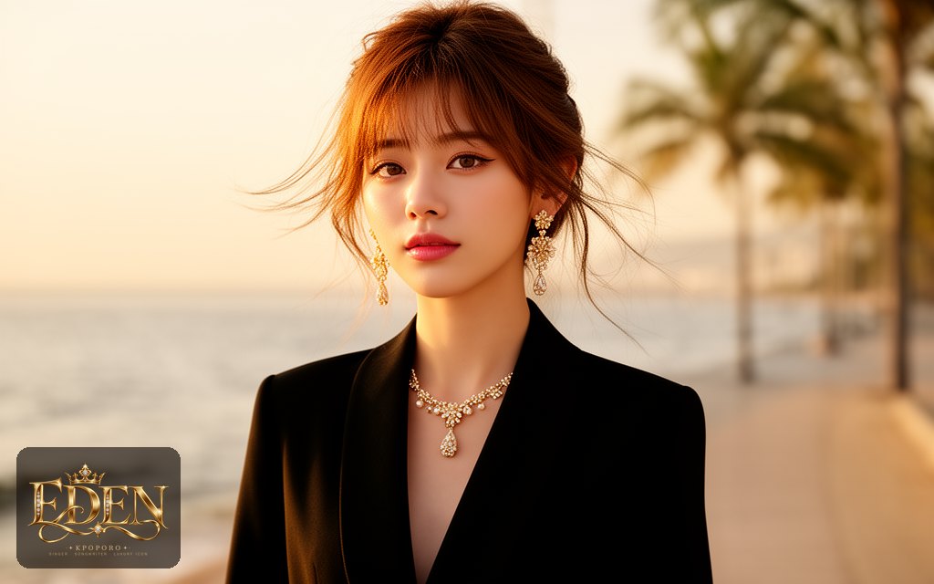 Eden, a POPORO CITY character, strolling along a sunlit seaside promenade in the late afternoon