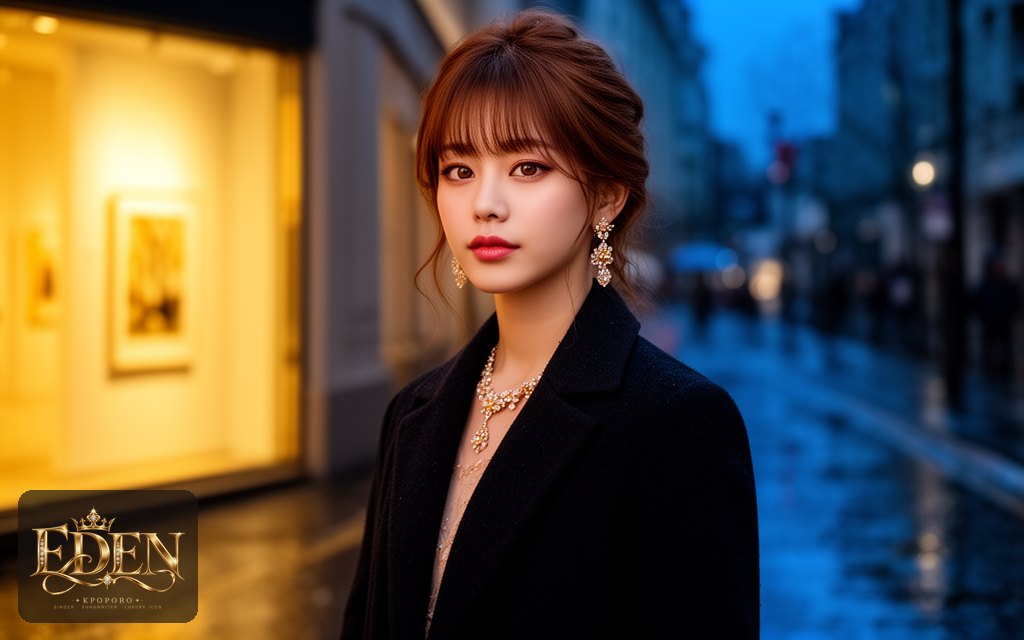 Eden, a POPORO CITY character, on a rain-glossed city street at dusk outside a lit gallery opening