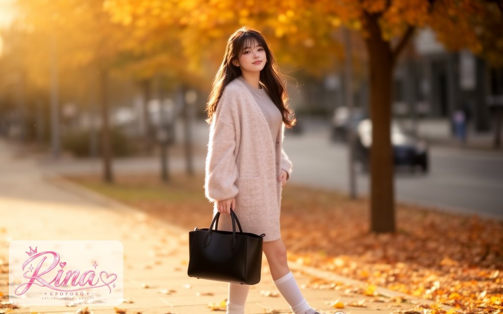Rina, a POPORO CITY character, walking along a sunny autumn city sidewalk in late afternoon light