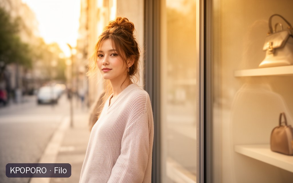 Filo, a POPORO CITY character, standing by a sunny boutique window on a quiet city street