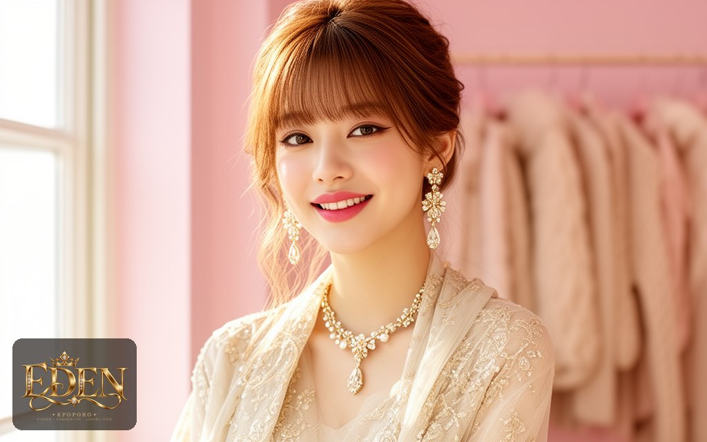 Eden, a POPORO CITY character, standing by a sunlit window in a bright spring boutique fitting room