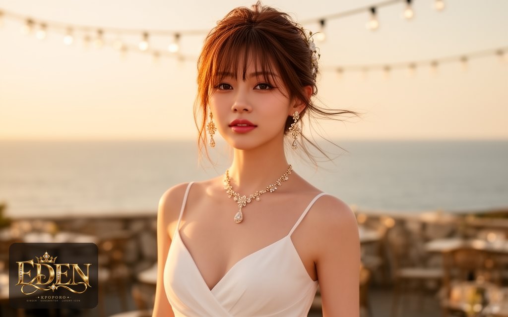 Eden, a POPORO CITY character, stepping onto a sunlit seaside cafe terrace at golden hour