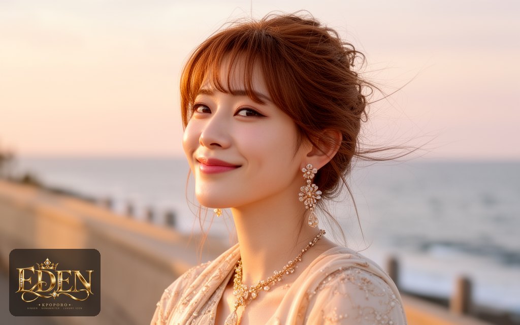 Eden, a POPORO CITY character, strolling along a sunny seaside promenade in warm late-afternoon light