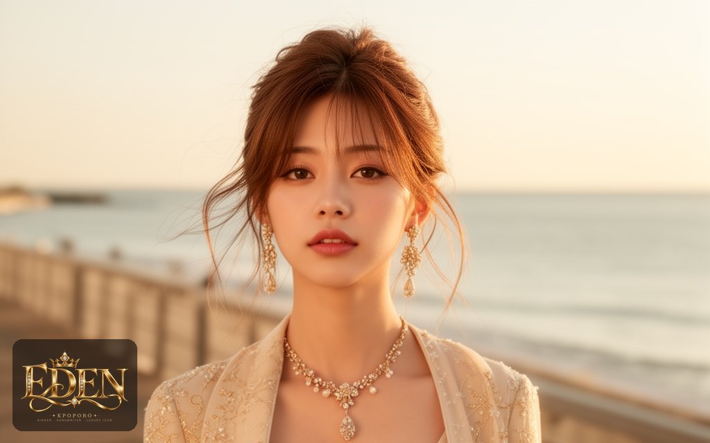Eden, a POPORO CITY character, strolling along a sunlit seaside promenade in late afternoon light