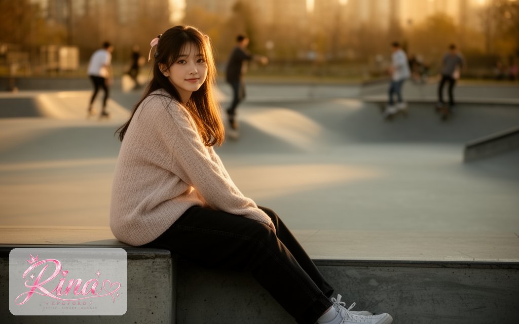Rina, a POPORO CITY character, relaxing on a concrete ledge by a city skate plaza at golden hour
