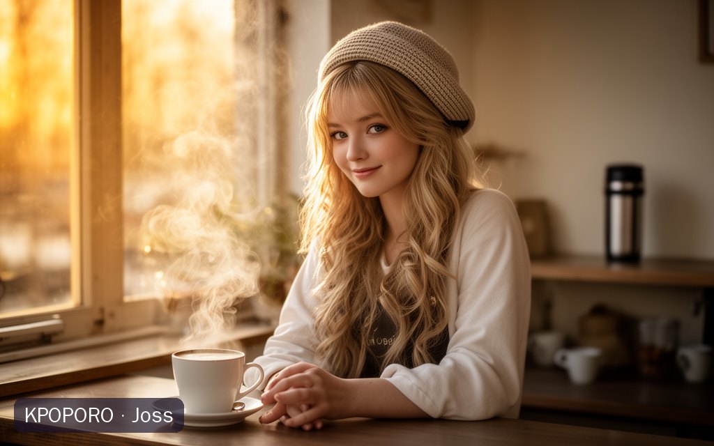 Joss, a POPORO CITY character, behind the counter of a cozy cafe in warm early-morning light