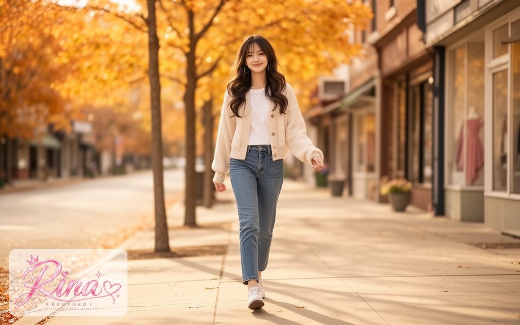 Rina, a POPORO CITY character, walking along a sunny boutique-lined city street on an autumn afternoon