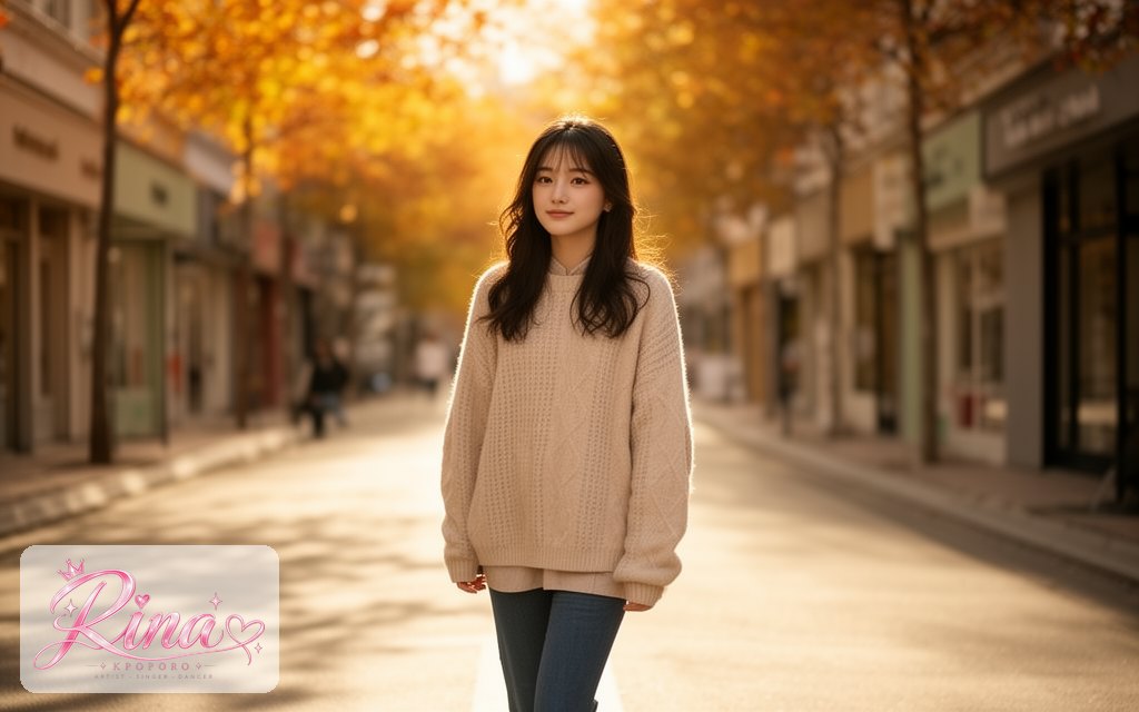 Rina, a POPORO CITY character, walking along a sunlit boutique street in early autumn