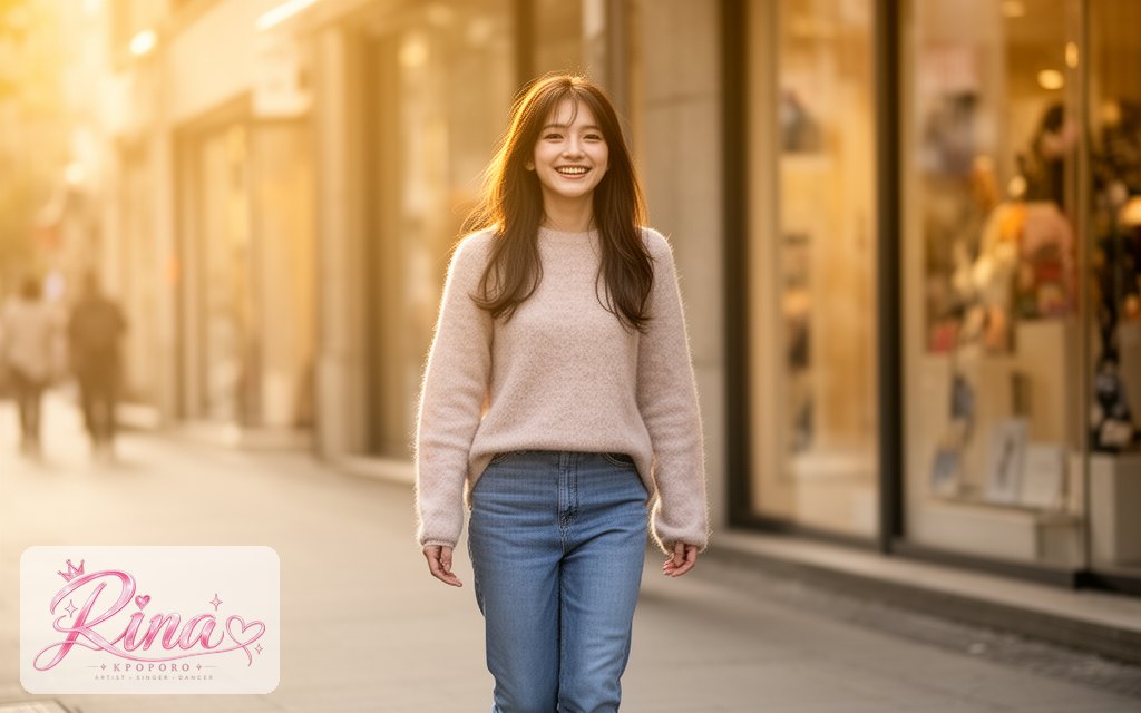 Rina, a POPORO CITY character, walking along a sunny city sidewalk in late afternoon light