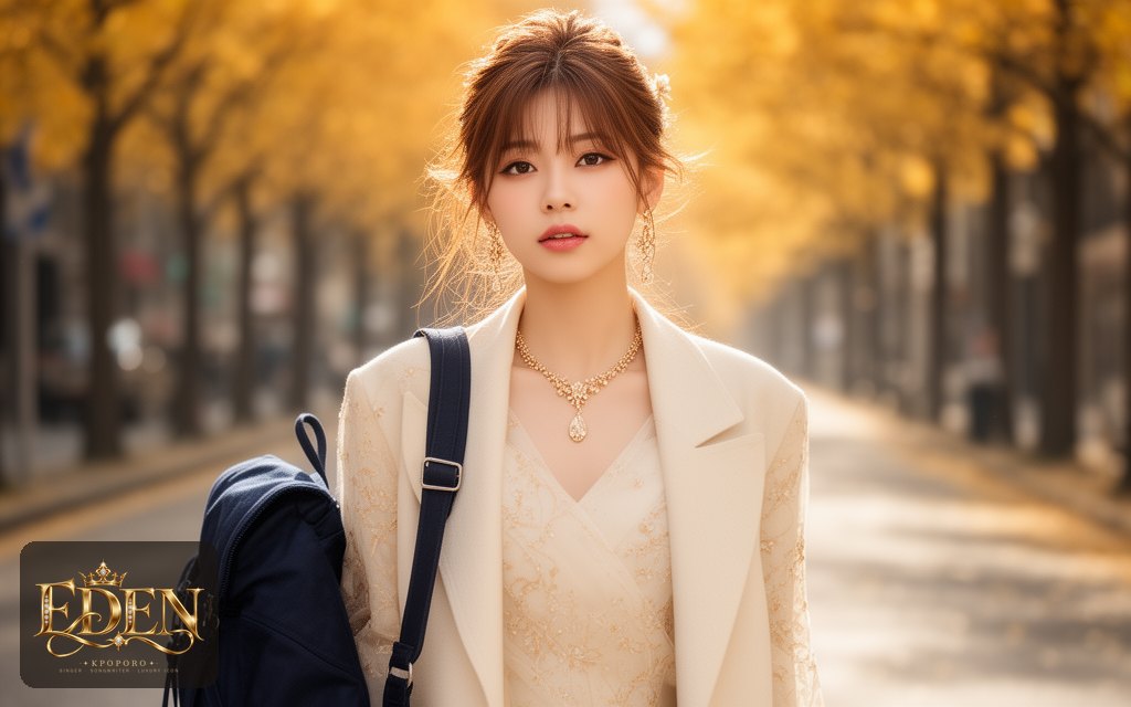 Eden, a POPORO CITY character, walking along a tree-lined boulevard on an autumn morning