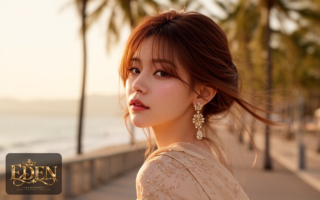 Eden, a POPORO CITY character, strolling along a sunny seaside promenade in late afternoon light