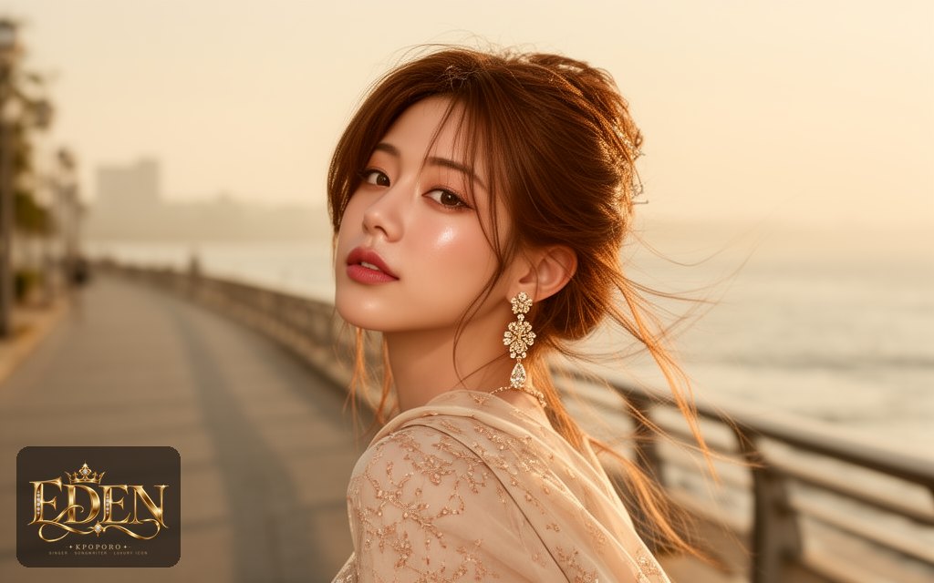 Eden, a POPORO CITY character, strolling along a sunlit seaside promenade in warm afternoon light