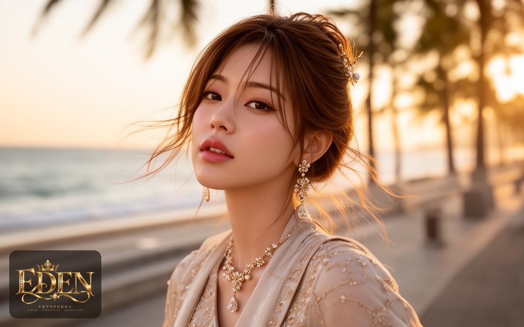 Eden, a POPORO CITY character, strolling along a sunlit seaside promenade in late afternoon